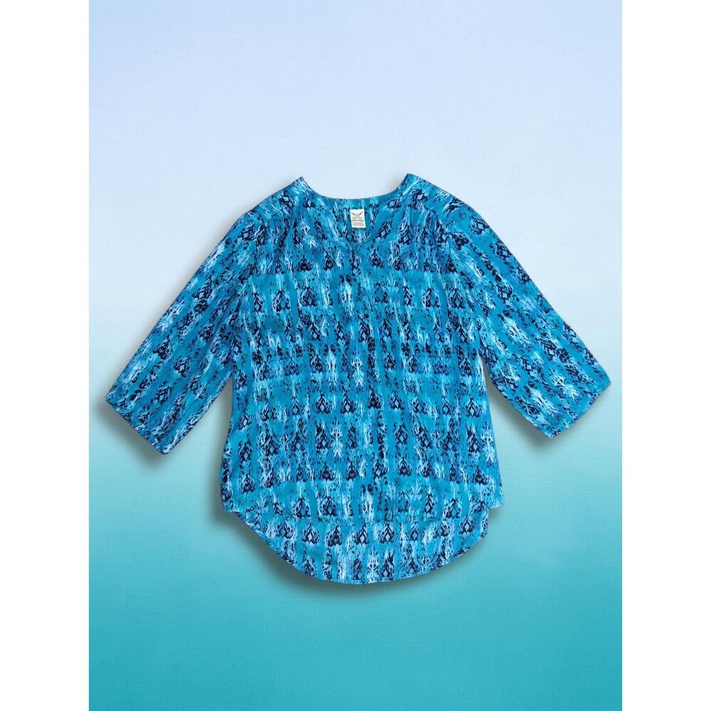 Faded Glory Blue Ikat Print 3/4 Sleeve Pleated Henley Tunic Blouse Plus 1X